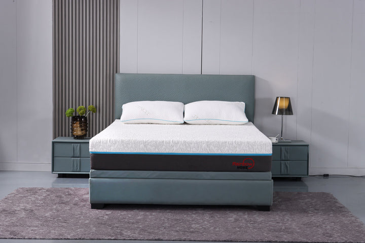 bedroom with the front view of the Miami cool gel memory foam mattress on a bed base