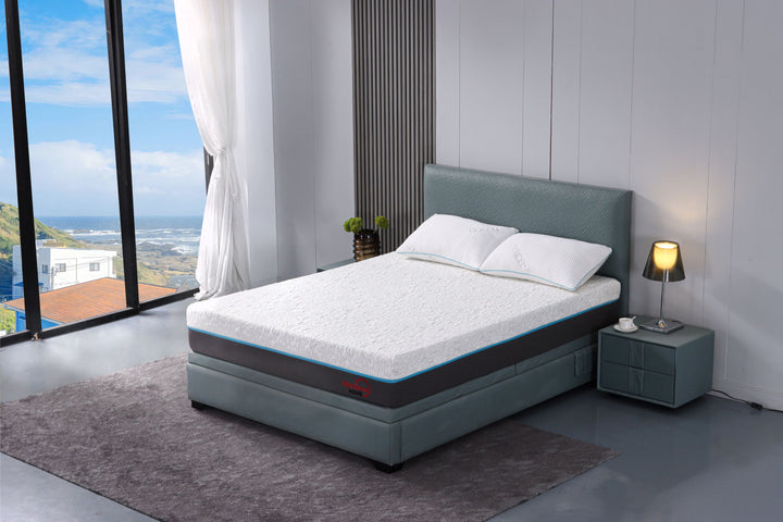 bedroom with the angle view of the Miami cool gel memory foam mattress on a bed base