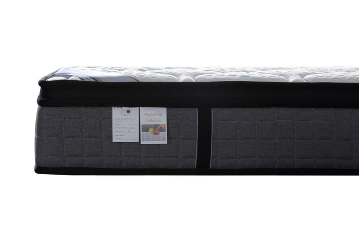 front view of the corner of a grey pocket spring Rainbow Home mattress