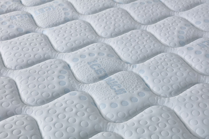 close up view of the ice cool top fabric on a pocket spring Rainbow Home mattress