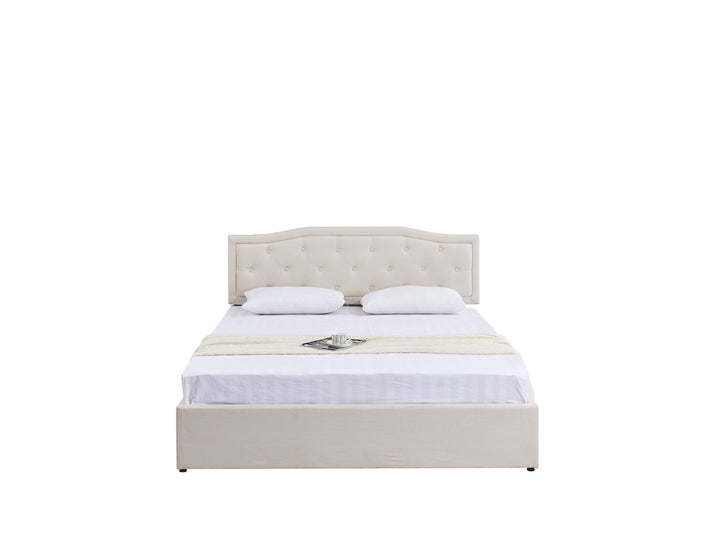 front view of Boston storage bed base with a headboard and a white mattress with white pillows 