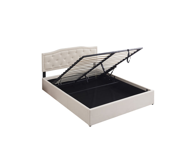 cream white Rainbow Home bed base with a headboard and storage compartment revealed underneath