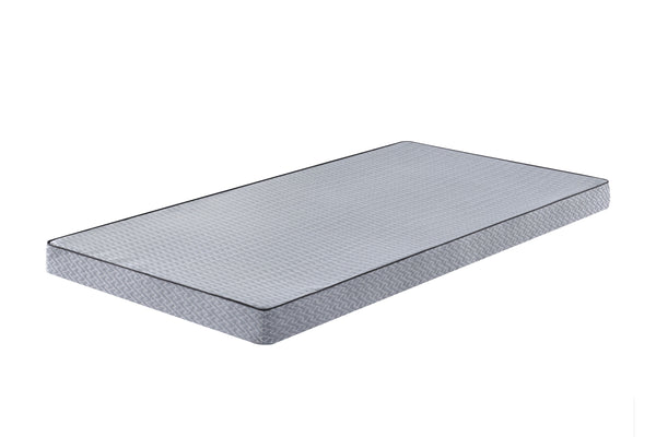 angle view of a ten centimeter thick grey travel mattress