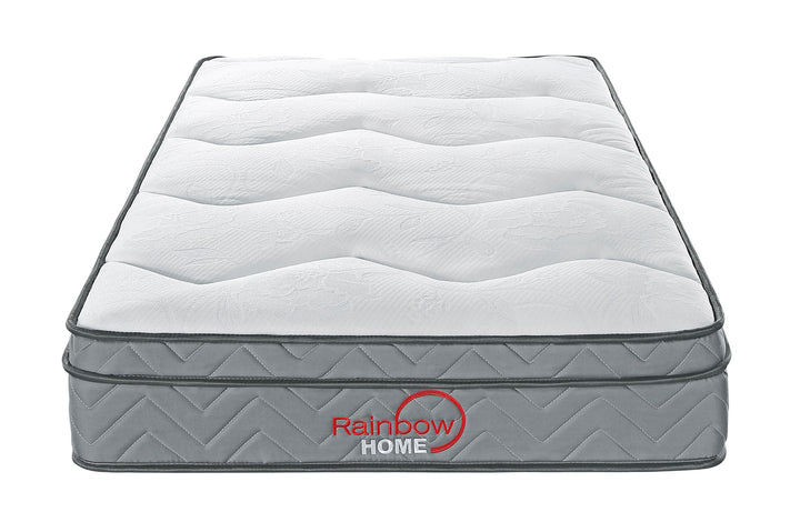 front view of bonnell coil mattress with grey and white detachable mattress cover