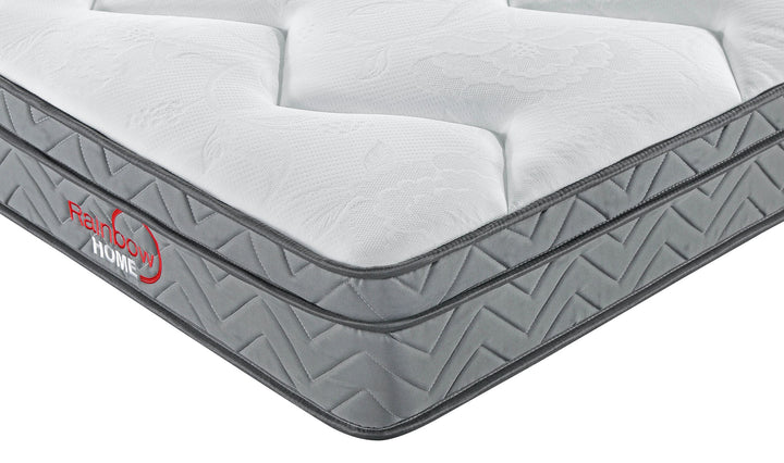 corner of bonnell coil mattress with grey and white detachable mattress cover