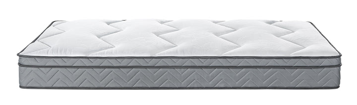 side view of bonnell coil mattress with grey and white detachable mattress cover