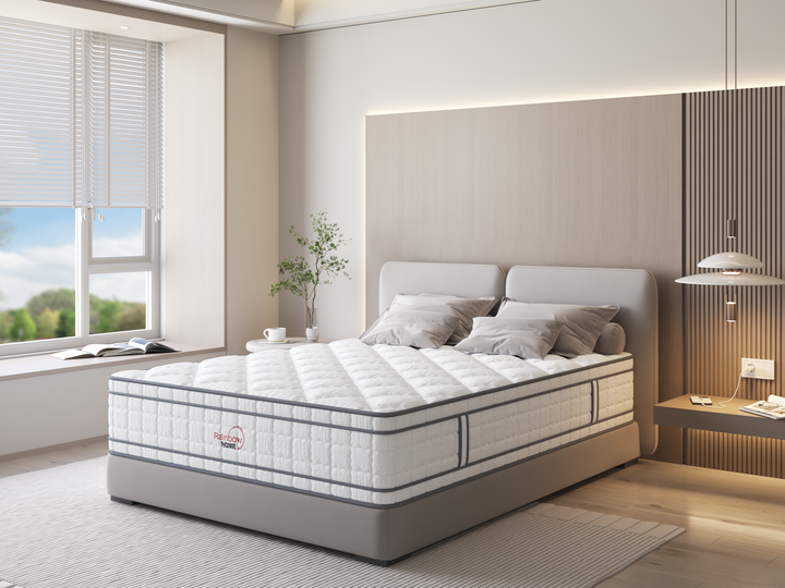 angle view of the euro-top pocket spring Rome mattress by Rainbow Home in a bedroom