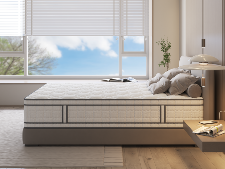 side view of the euro-top pocket spring Rome mattress by Rainbow Home in a bedroom