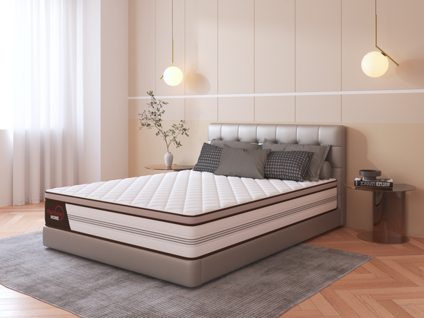 bedroom with a top pocket spring euro design mattress with white and brown detachable cover from Rainbow Home