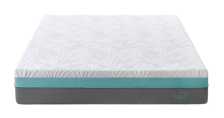 front view of the Wendy spring foam mattress with a white, blue and grey detachable cover