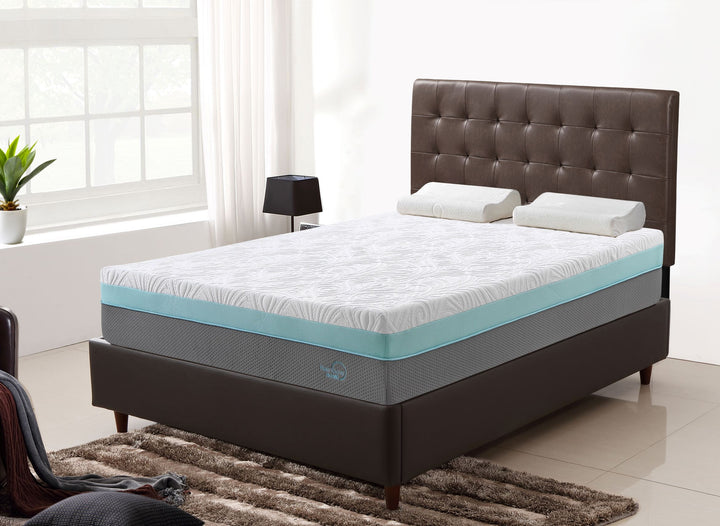 angle view of the Wendy spring foam mattress with a white, blue and grey detachable cover on a brown bed base