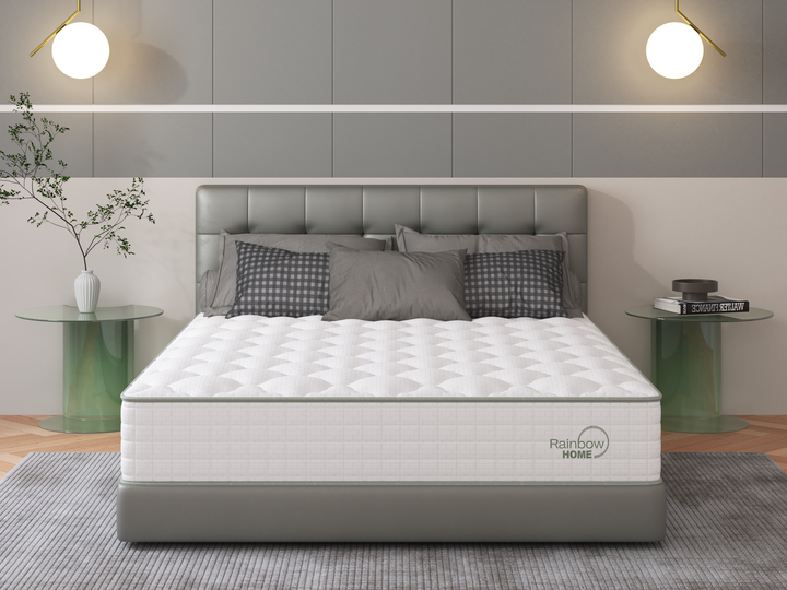 bedroom with front angle of the Zina memory foam pocket spring mattress from Rainbow Home on a grey bed base