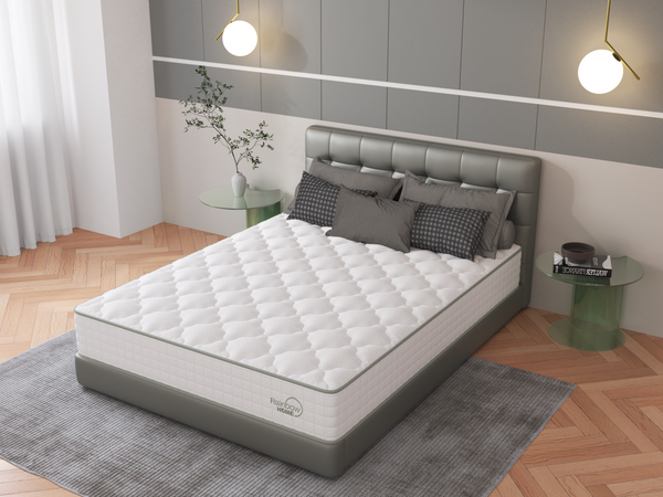 bedroom with top angle of the Zina memory foam pocket spring mattress from Rainbow Home on a grey bed base 