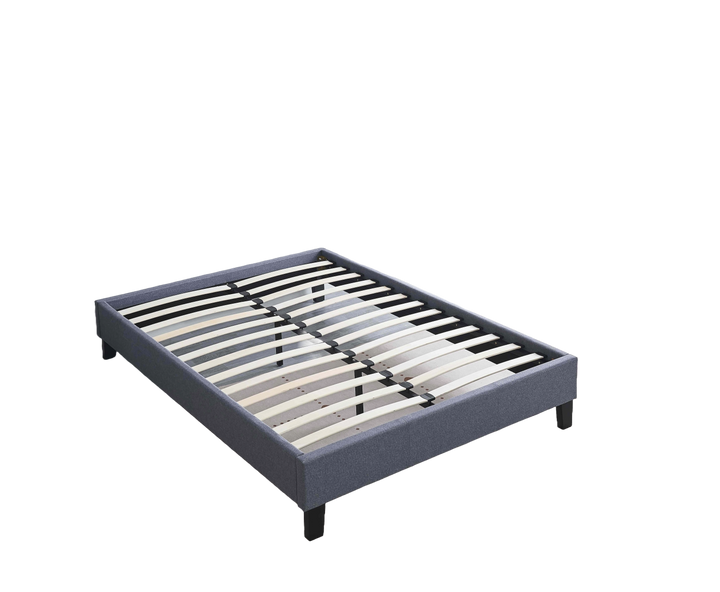 angle view of grey upholstered  Daytona bed base with wooden slats