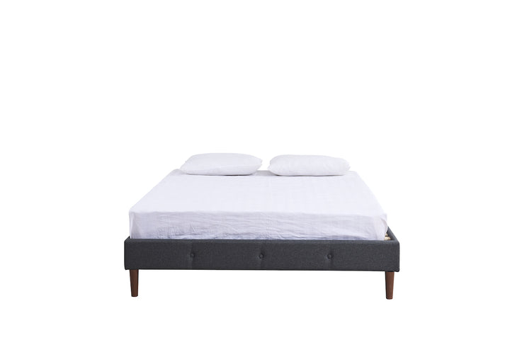 two white pillows and a mattress on grey bed base