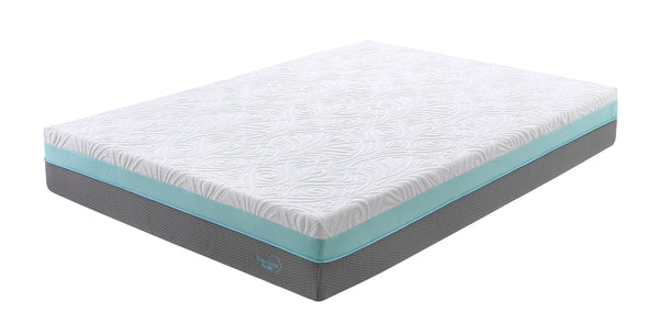 angle view of the Wendy spring foam mattress with a white, blue and grey detachable cover